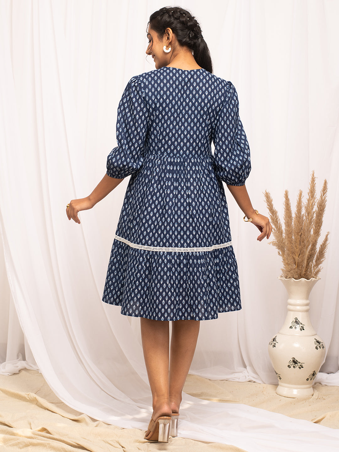 FIORRA Women's Blue Cotton Floral Printed  Dress